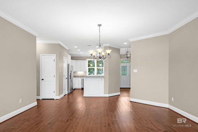 kitchen with dark wood-type flooring, white cabinets, baseboards, and stainless steel refrigerator with ice dispenser