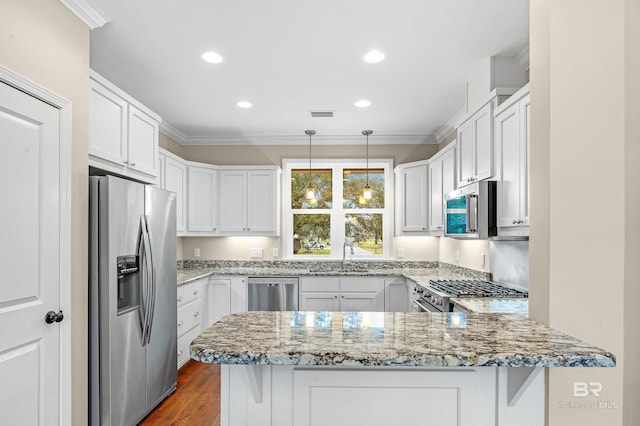 kitchen featuring a sink, a peninsula, ornamental molding, and stainless steel appliances