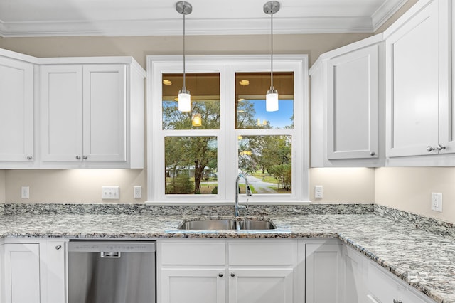 kitchen featuring a sink, dishwasher, ornamental molding, and white cabinetry