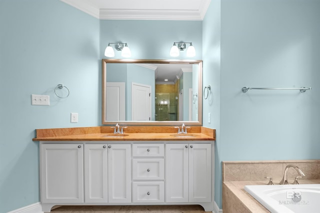 bathroom with a sink, a stall shower, and ornamental molding