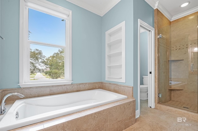 full bathroom featuring crown molding, toilet, a bath, and a stall shower