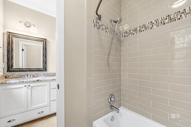 full bath with vanity, bathing tub / shower combination, and ornamental molding