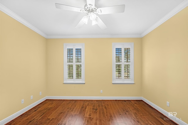 empty room with a ceiling fan, baseboards, wood-type flooring, and ornamental molding