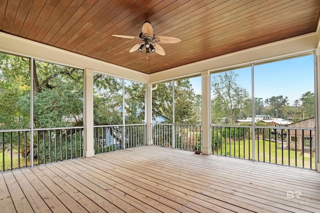 unfurnished sunroom with wood ceiling and ceiling fan