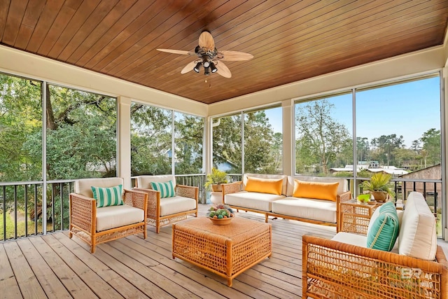 sunroom / solarium featuring wood ceiling and a ceiling fan