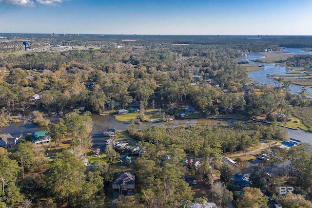 birds eye view of property with a water view and a view of trees