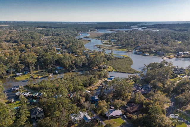 bird's eye view with a wooded view and a water view