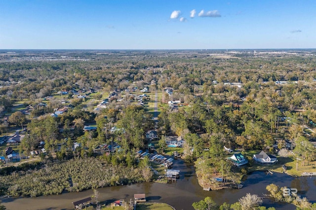 drone / aerial view featuring a water view and a view of trees