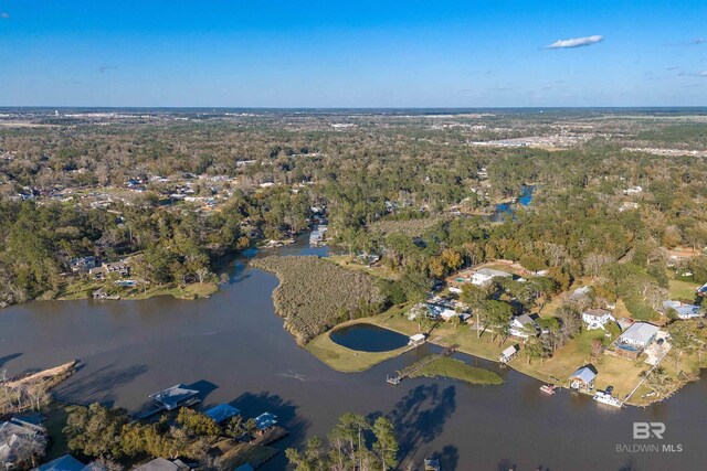 aerial view featuring a view of trees and a water view