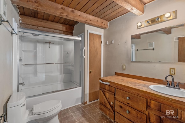 full bathroom with tile patterned flooring, bath / shower combo with glass door, wooden ceiling, and beamed ceiling