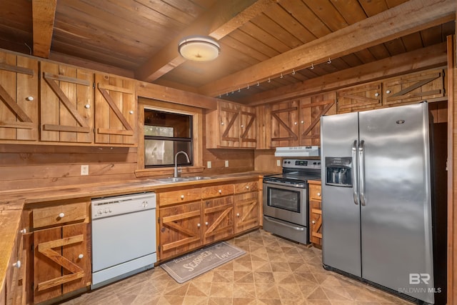 kitchen featuring sink, beam ceiling, stainless steel appliances, and wooden ceiling