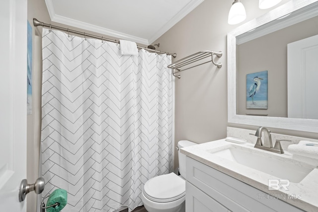 bathroom featuring vanity, curtained shower, ornamental molding, and toilet