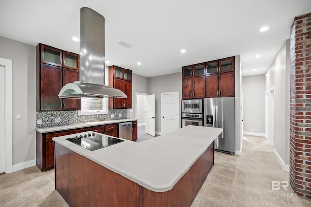 15031 Timber Ridge Dr, Loxley, AL 36551 - kitchen featuring baseboards, a large island, island exhaust hood, backsplash, and stainless steel appliances