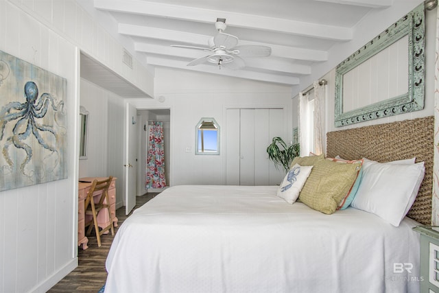 2816 Ponce De Leon Ct, Gulf Shores, AL 36542 - bedroom featuring a closet, ceiling fan, dark wood finished floors, and beam ceiling