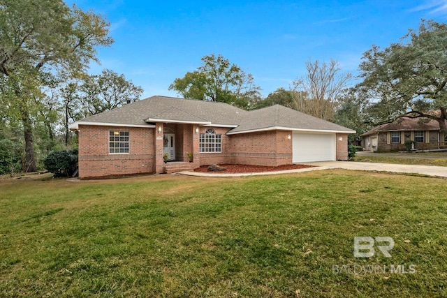 single story home with brick siding, concrete driveway, a front yard, roof with shingles, and an attached garage