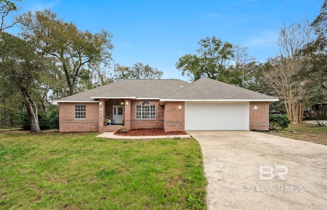 single story home featuring driveway, roof with shingles, a front yard, an attached garage, and brick siding