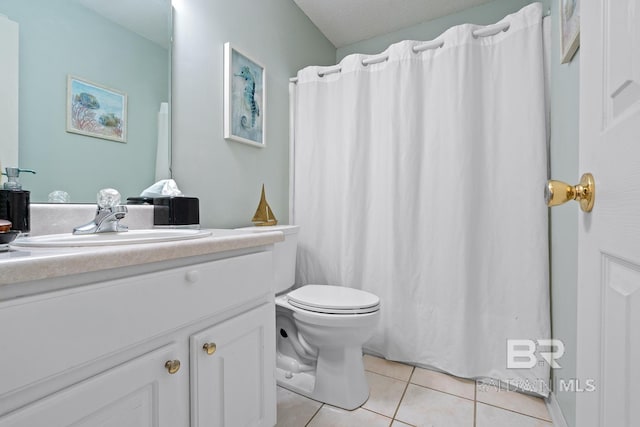 full bath with tile patterned flooring, a shower with shower curtain, toilet, and vanity