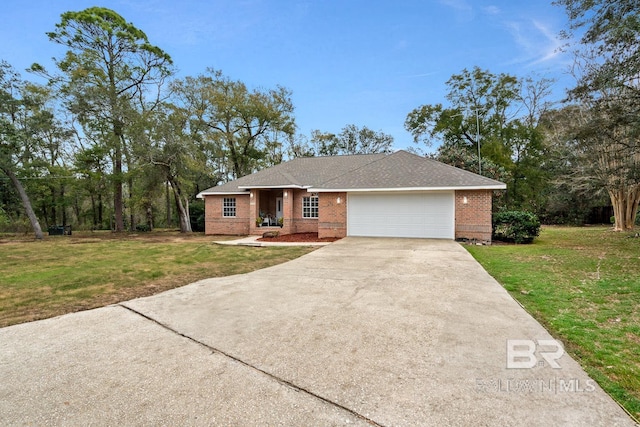 ranch-style house featuring brick siding, an attached garage, a front lawn, roof with shingles, and driveway