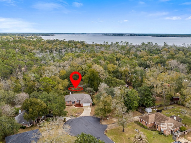 birds eye view of property with a water view and a wooded view