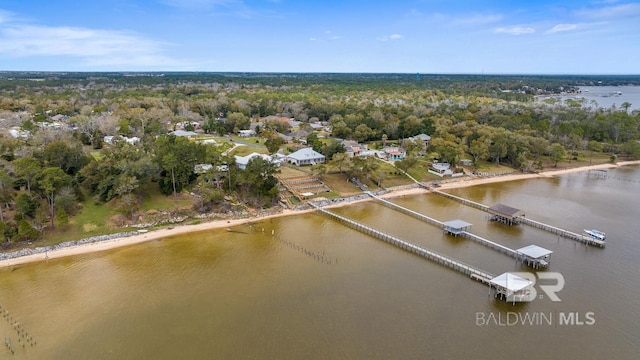 birds eye view of property with a water view and a wooded view