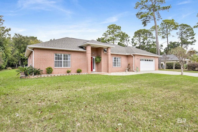 view of front of house featuring a garage, brick siding, a shingled roof, concrete driveway, and a front yard