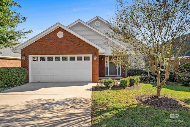 view of front of property featuring a front lawn, brick siding, driveway, and a garage