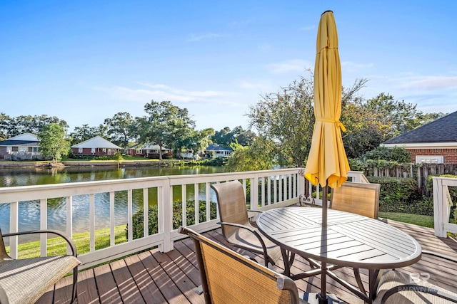 wooden deck featuring a water view