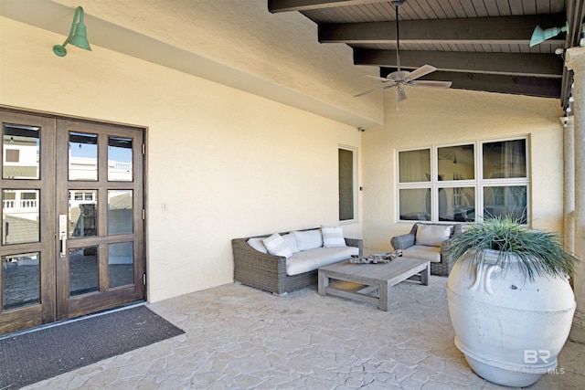 view of patio featuring french doors, an outdoor hangout area, and a ceiling fan