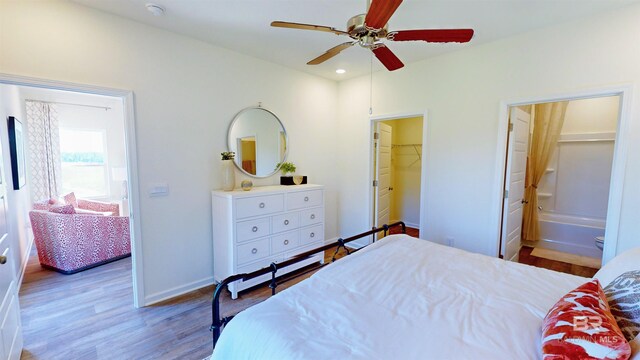 bedroom featuring hardwood / wood-style floors, a walk in closet, ceiling fan, connected bathroom, and a closet