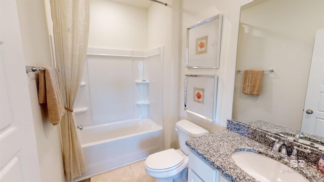 full bathroom featuring vanity, shower / bath combo, and toilet