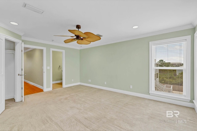 1328 W Lagoon Ave, Gulf Shores, AL 36542 - unfurnished bedroom with light carpet, ornamental molding, recessed lighting, and a ceiling fan