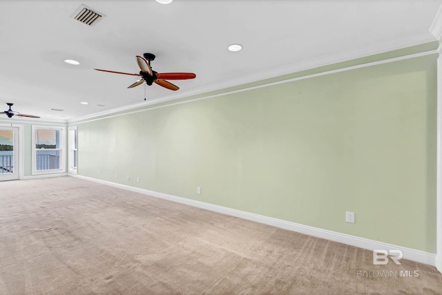 1328 W Lagoon Ave, Gulf Shores, AL 36542 - unfurnished living room with ceiling fan, ornamental molding, carpet flooring, and recessed lighting