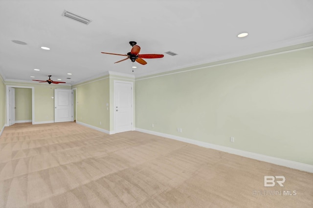 1328 W Lagoon Ave, Gulf Shores, AL 36542 - unfurnished living room with ceiling fan, crown molding, recessed lighting, and light colored carpet