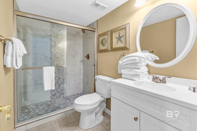 bathroom featuring tile patterned flooring, visible vents, a shower stall, and toilet