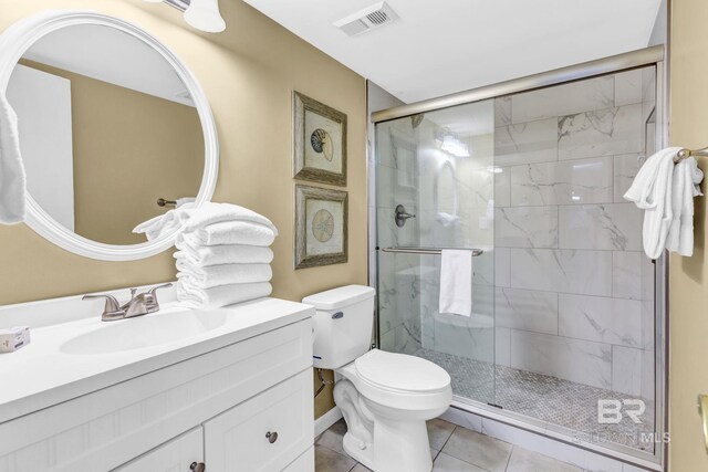 full bathroom with toilet, vanity, visible vents, tile patterned floors, and a stall shower