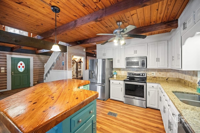 kitchen featuring sink, wooden counters, a kitchen island, stainless steel appliances, and white cabinets