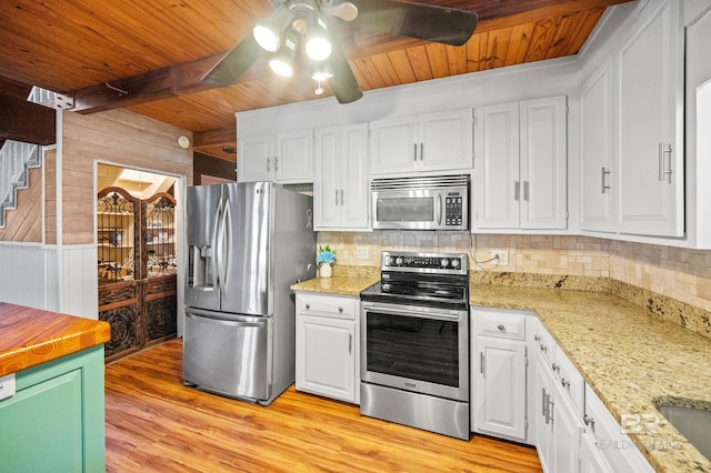 kitchen with white cabinetry, ceiling fan, stainless steel appliances, and wooden ceiling