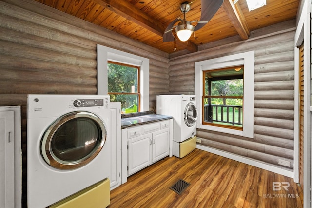 laundry area with wood ceiling, cabinets, a healthy amount of sunlight, and dark wood-type flooring