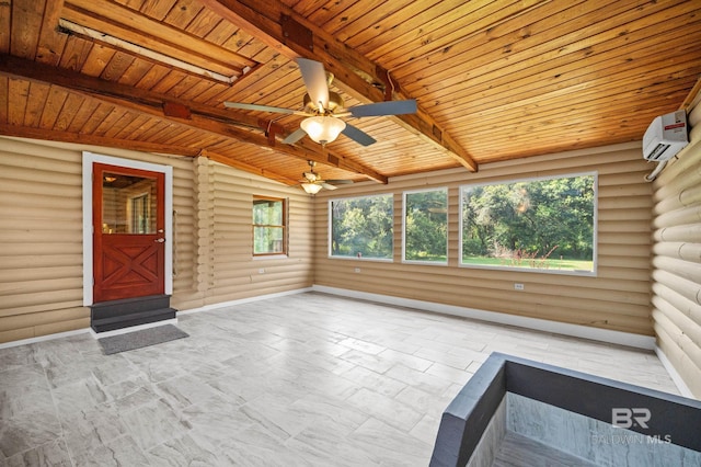 unfurnished sunroom featuring wood ceiling, a healthy amount of sunlight, and beam ceiling