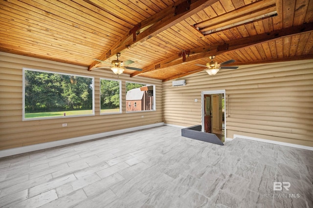 interior space featuring a wall mounted air conditioner, lofted ceiling with beams, log walls, ceiling fan, and wooden ceiling