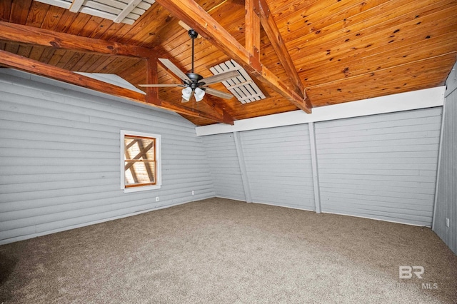 carpeted empty room with ceiling fan, lofted ceiling with beams, and wooden ceiling