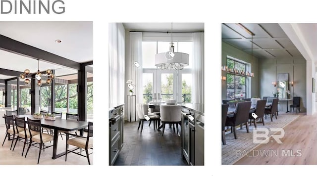 dining space featuring dark hardwood / wood-style flooring, a chandelier, and french doors