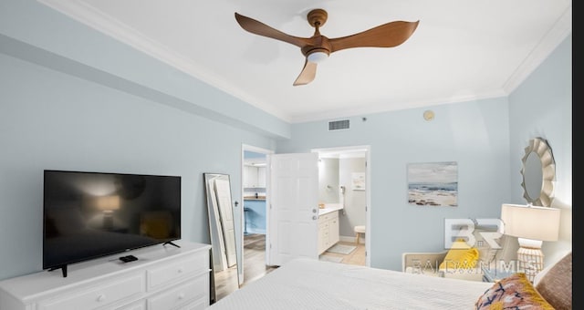 375 Beach Club Trl Unit A1704, Gulf Shores, AL 36542 - bedroom with crown molding, a ceiling fan, and ensuite bath