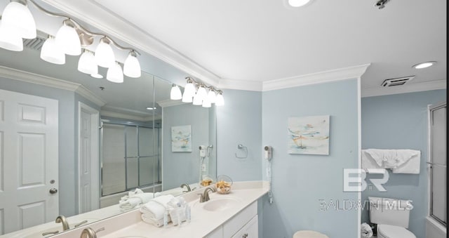 375 Beach Club Trl Unit A1704, Gulf Shores, AL 36542 - full bath featuring a shower with shower door, crown molding, recessed lighting, toilet, and double vanity