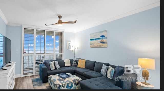 375 Beach Club Trl Unit A1704, Gulf Shores, AL 36542 - living area featuring a ceiling fan, crown molding, wood finished floors, and healthy amount of natural light