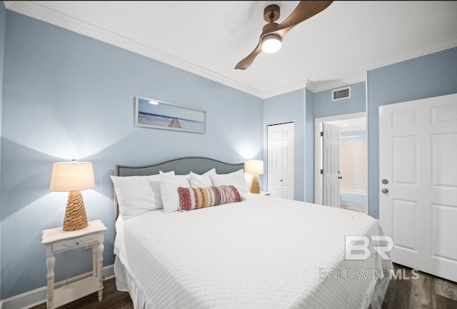 375 Beach Club Trl Unit A1704, Gulf Shores, AL 36542 - bedroom with ornamental molding, dark wood-style floors, ceiling fan, a closet, and baseboards