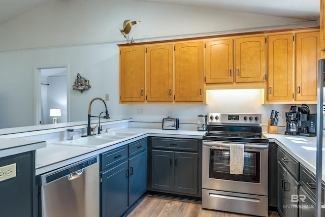 kitchen with a peninsula, a sink, vaulted ceiling, light countertops, and appliances with stainless steel finishes