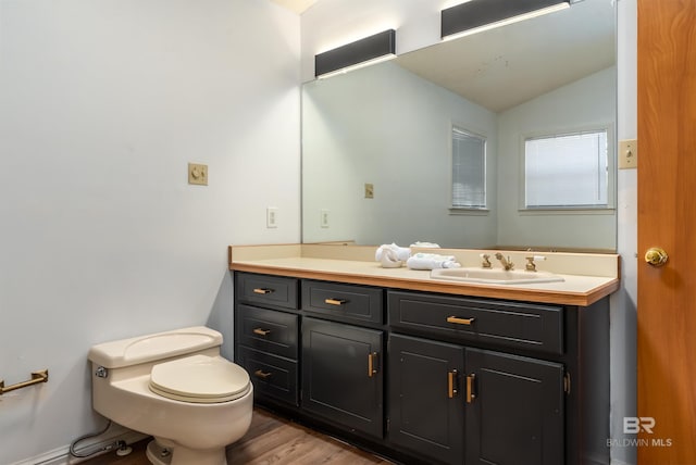 bathroom with vanity, lofted ceiling, toilet, and wood finished floors