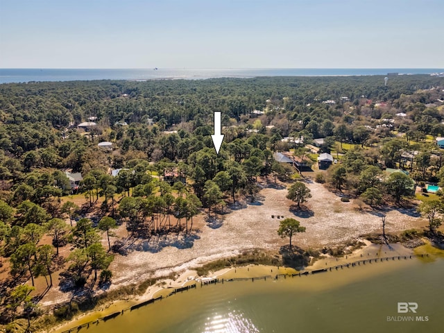 drone / aerial view with a forest view and a water view