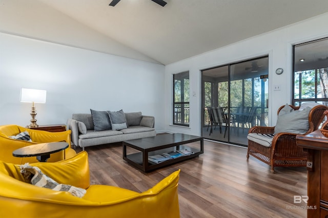 living room featuring wood finished floors, a ceiling fan, and vaulted ceiling